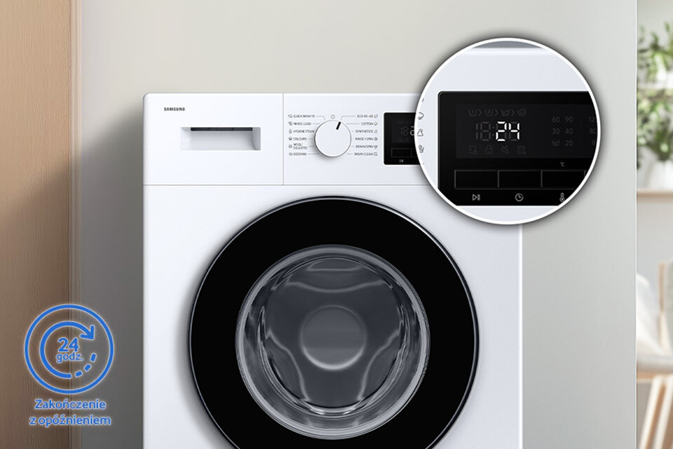 Nastawianie prania o dowolnej porze z opóźnieniem Pralka z widocznym panelem sterowania i pokrętłem wyboru programu, na którym znajduje się logo Samsung. Na obrazie widoczny jest także symbol \'24 godz.\' z napisem \'Zakończenie z opóźnieniem\'.