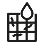Czarny symbol przedstawiający kroplę wody nad kratką z falistymi liniami.