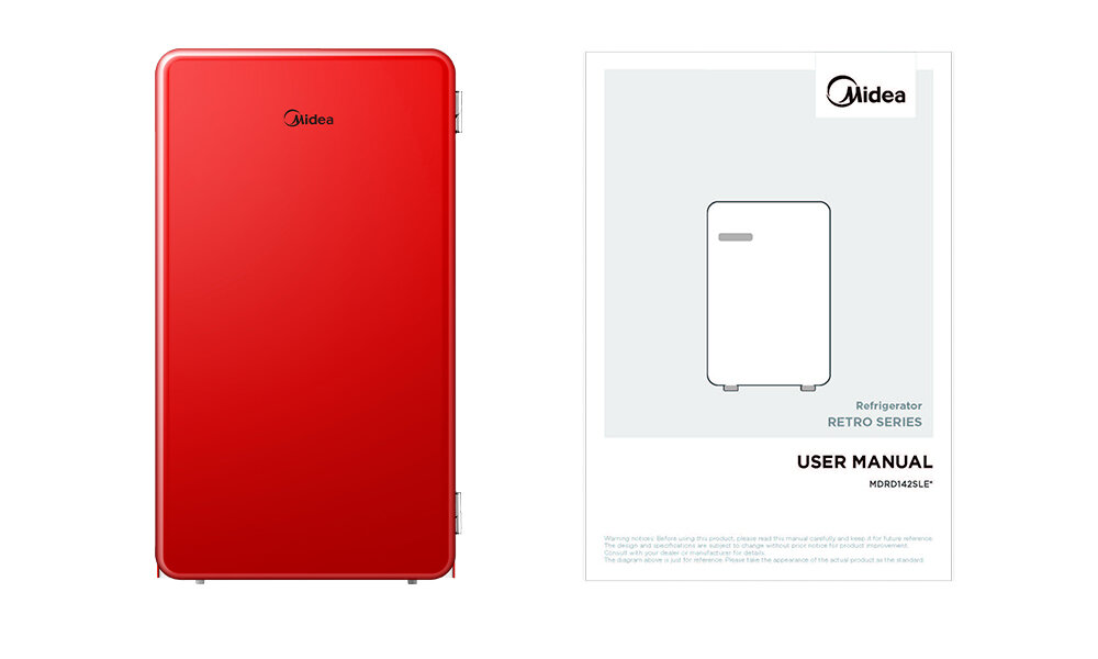 LODÓWKA MIDEA MDRD142SLE32 Lodówka przedstawiona obok instrukcji obsługi modelu zawartość zestawu urządzenie dokumentacja instrukcja