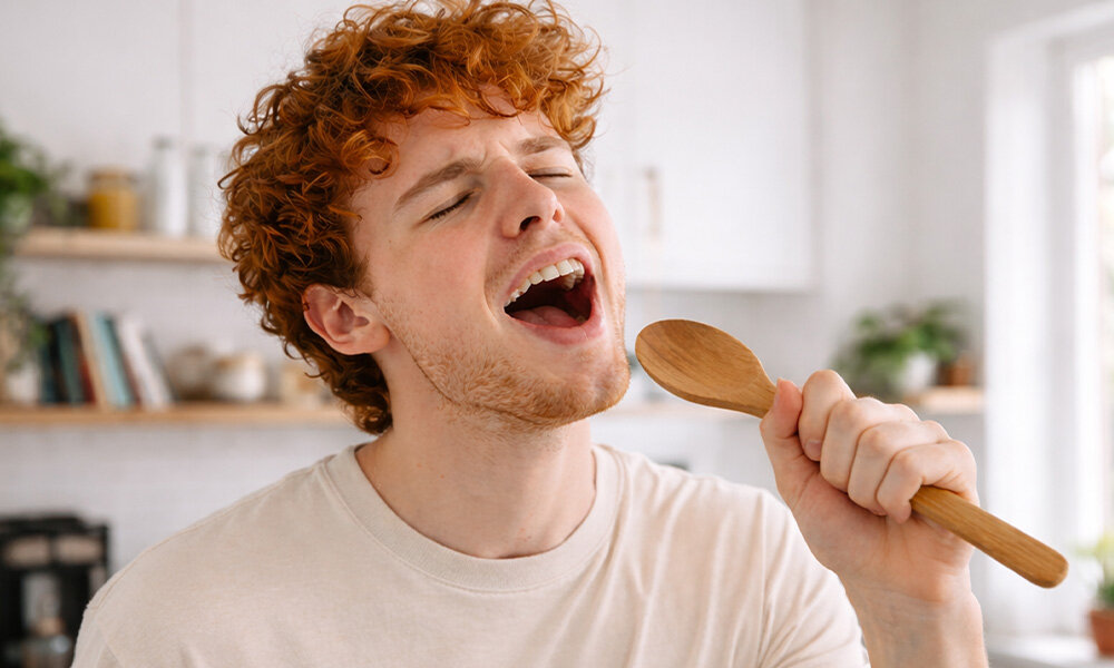 LODÓWKA MIDEA MDRD142FGE50 Zdjęcie pokazuje osobę stojącą w kuchni, trzymającą w dłoni dużą drewnianą łyżkę. W tle widać jasne kuchenne wnętrze z półkami i naczyniami komora chłodzenia ręczne odszranianie cicha praca świeżość produktów