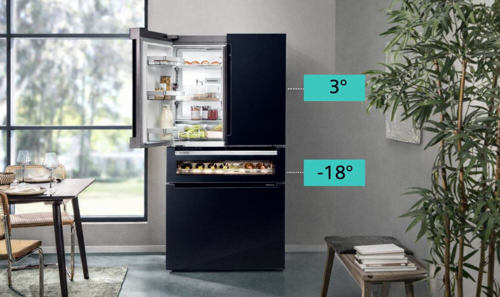 LODÓWKA SIEMENS KF96RSBEA Chłodziarko-zamrażarka Siemens pokazana jest z oznaczonymi temperaturami 3°C i −18°C. Grafika podkreśla oddzielne strefy chłodzenia i mrożenia oddzielne sterowanie temperatura chłodziarka zamrażarka oszczędność energii
