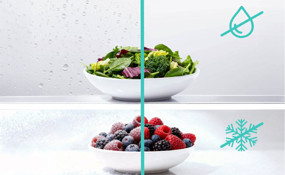 LODÓWKA SIEMENS KF96RSBEA Grafika porównawcza przedstawia miskę z sałatą oraz miskę z mrożonymi owocami. Ikony kropli i płatka śniegu symbolizują różne strefy temperatury system Total noFrost brak rozmrażania bez szronu bez lodu energooszczędność sucha cyrkulacja brak kondensacji