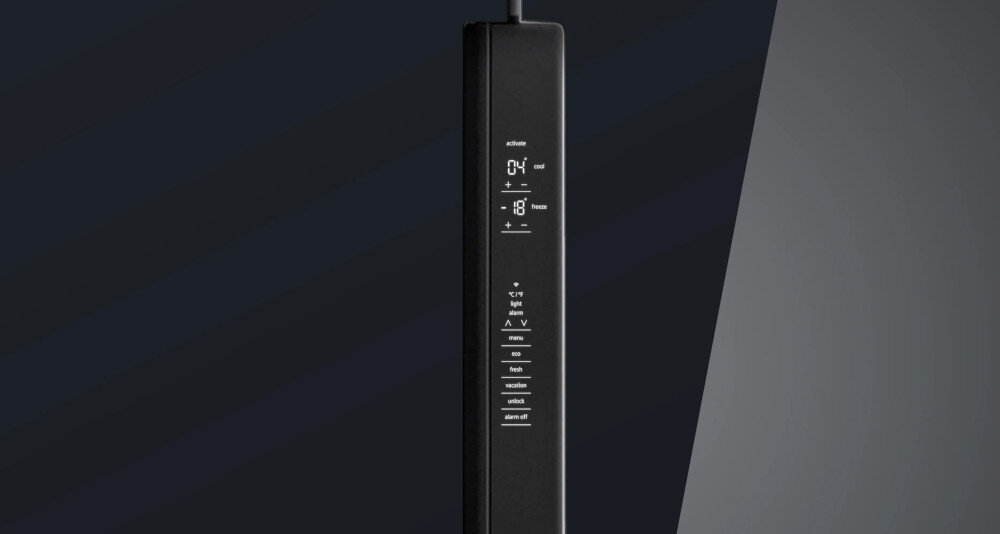 LODÓWKA SIEMENS KF96RSBEA Panel sterowania umieszczony na krawędzi drzwi pokazuje ustawienia temperatury chłodziarki i zamrażarki. Wyświetlacz ma formę pionowego paska z ikonami panel sterowania regulacja temperatury touch control intuicyjna obsługa dotykowe przyciski