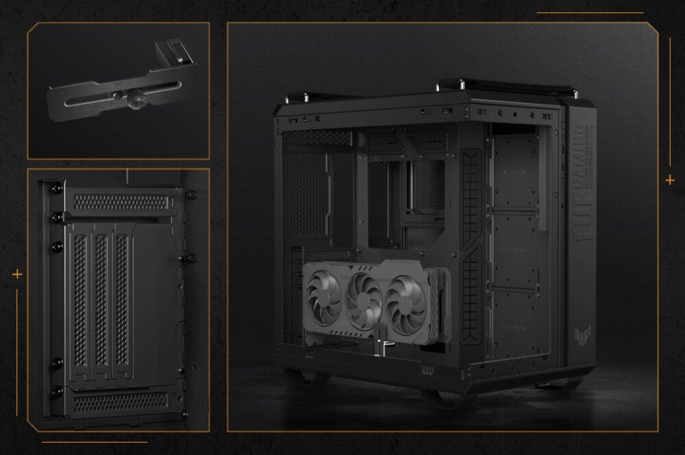 Obudowa ASUS TUF Gaming GT502 Horizon TG ARGB grafika prezentująca możliwości montażu karty graficznej, z głównym zdjęciem pokazującym kartę zamontowaną pionowo oraz mniejszymi detalami wspornika i slotów rozszerzeń
