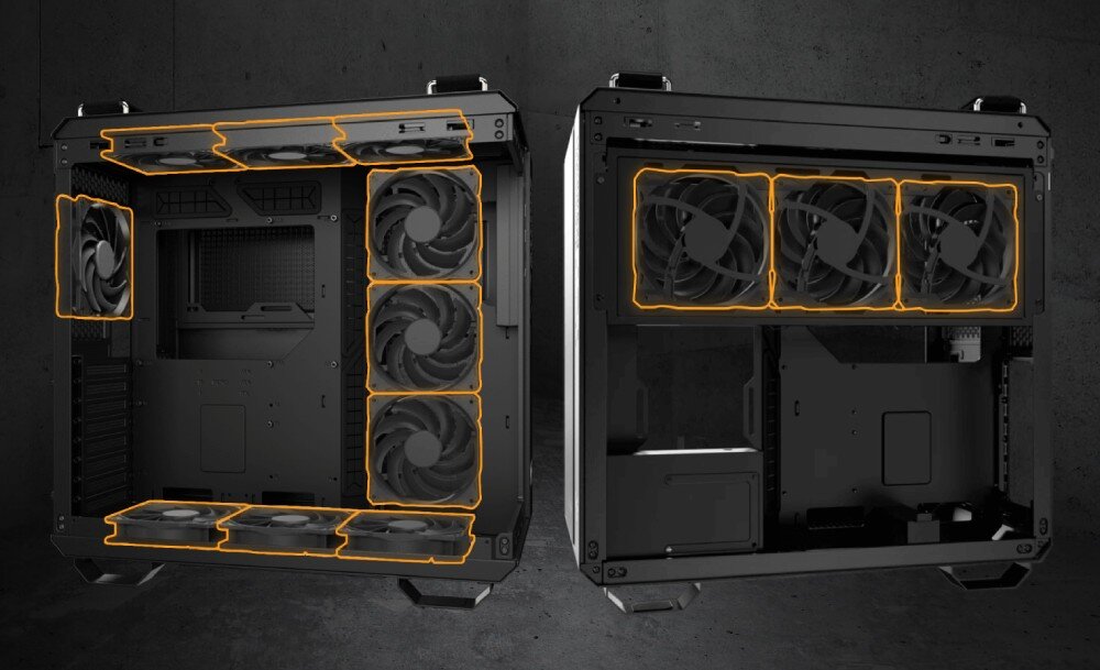 Obudowa ASUS TUF Gaming GT502 Horizon TG ARGB dwa ujęcia obudowy z zaznaczonymi pomarańczowymi obramowaniami miejsc na wentylatory; po lewej widok na dół, tył, bok i górę wnętrza, po prawej widok na górny wspornik w drugiej komorze