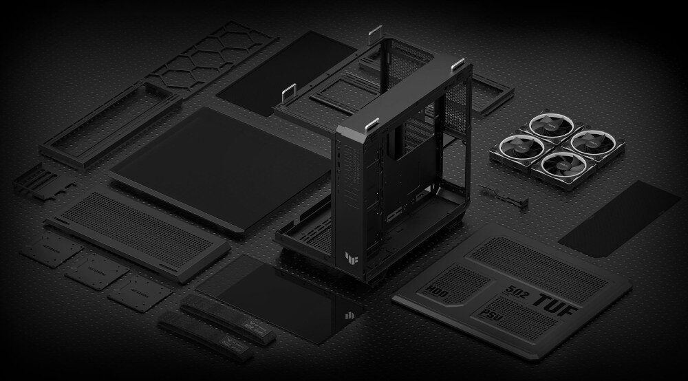 Obudowa ASUS TUF Gaming GT502 Horizon TG ARGB obudowa rozłożona na części pierwsze, pokazująca szkielet konstrukcji oraz zdemontowane panele szklane, blachy z perforacją, cztery wentylatory, filtry przeciwkurzowe i paski transportowe na ciemnym tle