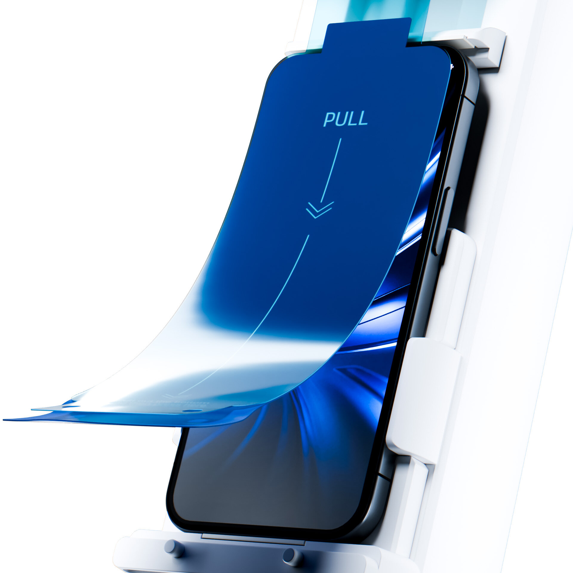 Obraz przedstawia telefon z nałożoną niebieską folią ochronną, na której widnieje napis \'PULL\' z symbolem strzałki. Telefon jest umieszczony w białym uchwycie.