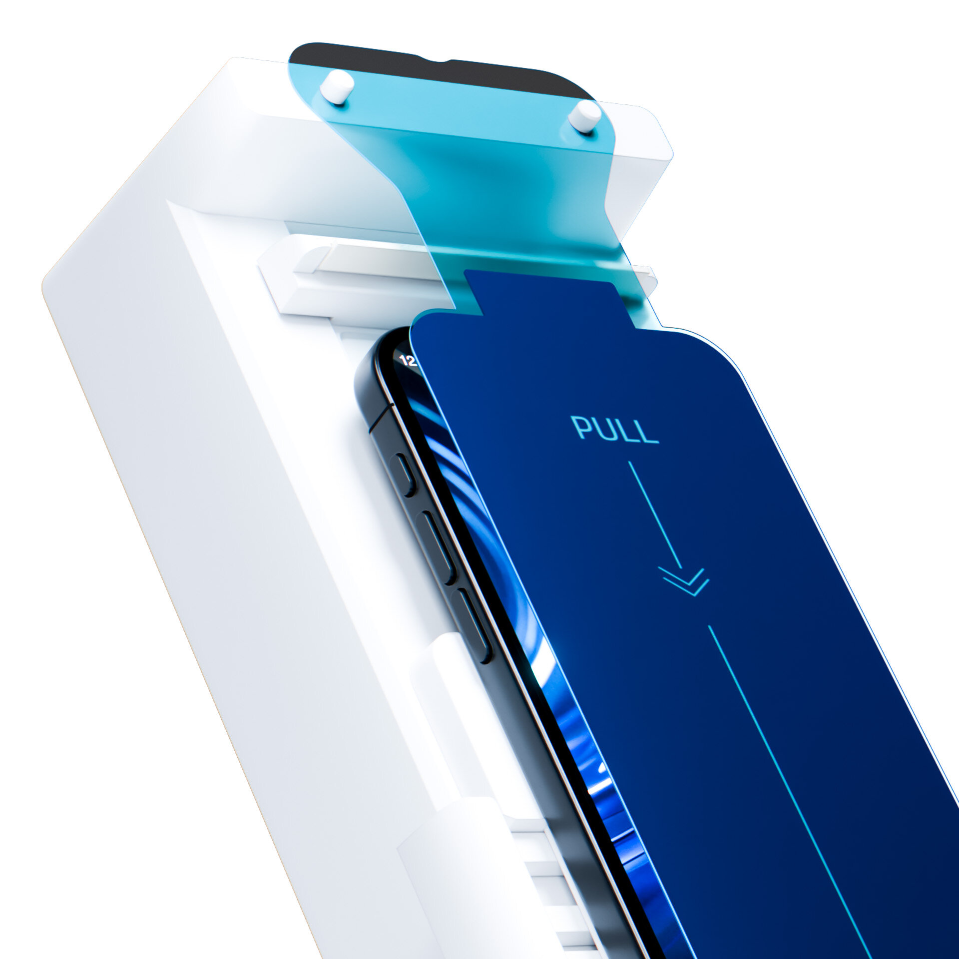 Obraz przedstawia telefon z nałożoną niebieską folią ochronną z napisem \'PULL\' i strzałką wskazującą w dół. Telefon znajduje się w białym opakowaniu.