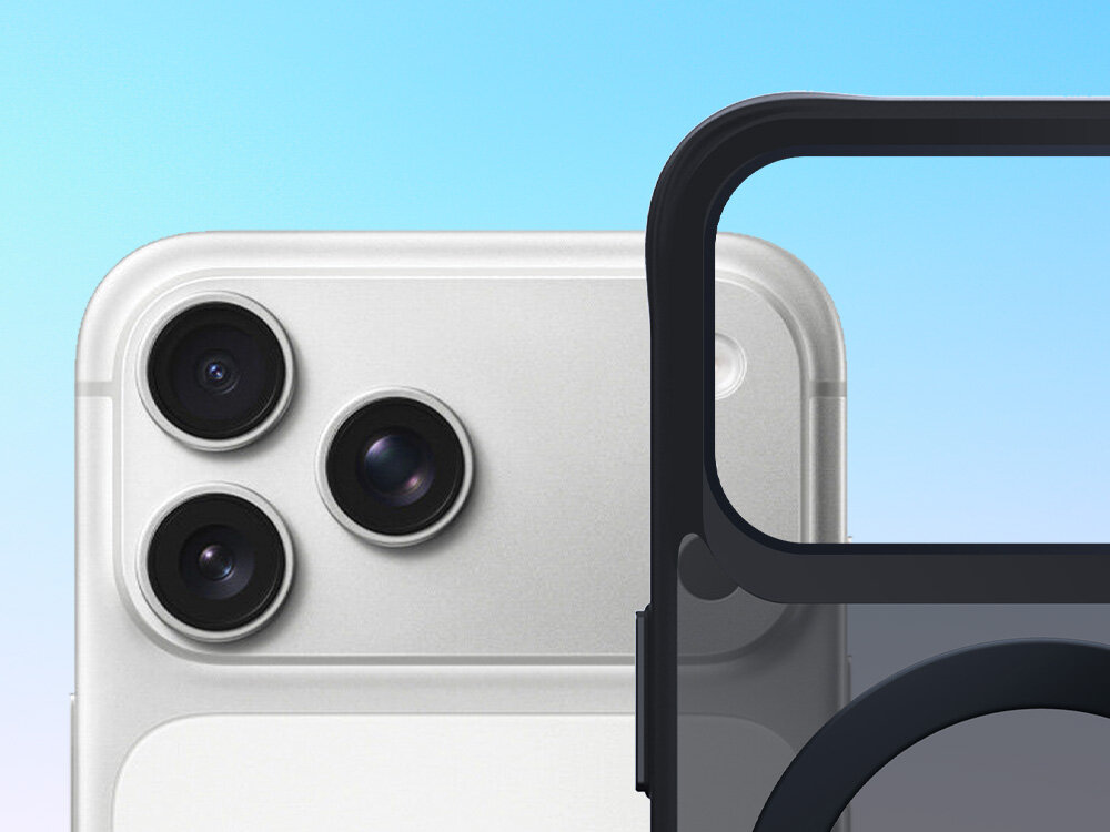 Etui 3MK Smoke Case Mag & Stand do Apple iPhone 17 Pro Max Czarny, dedykowana, ochrona, akcesoria, kompatybilność, na niebieskim tle etui wraz z smartfonem frontem