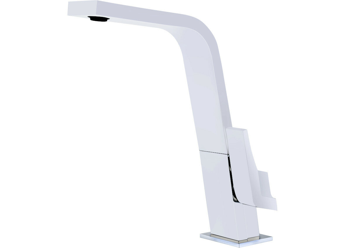 Biała bateria kuchenna o nowoczesnym, kanciastym kształcie z prostokątną podstawą i dźwignią do regulacji wody. Produkt jest widoczny na białym tle.