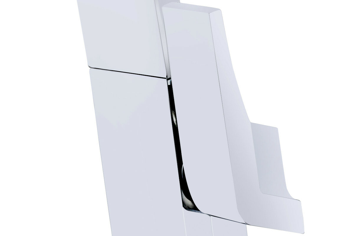 Fragment białej baterii o nowoczesnym, geometrycznym kształcie z widocznymi krawędziami i gładką powierzchnią.