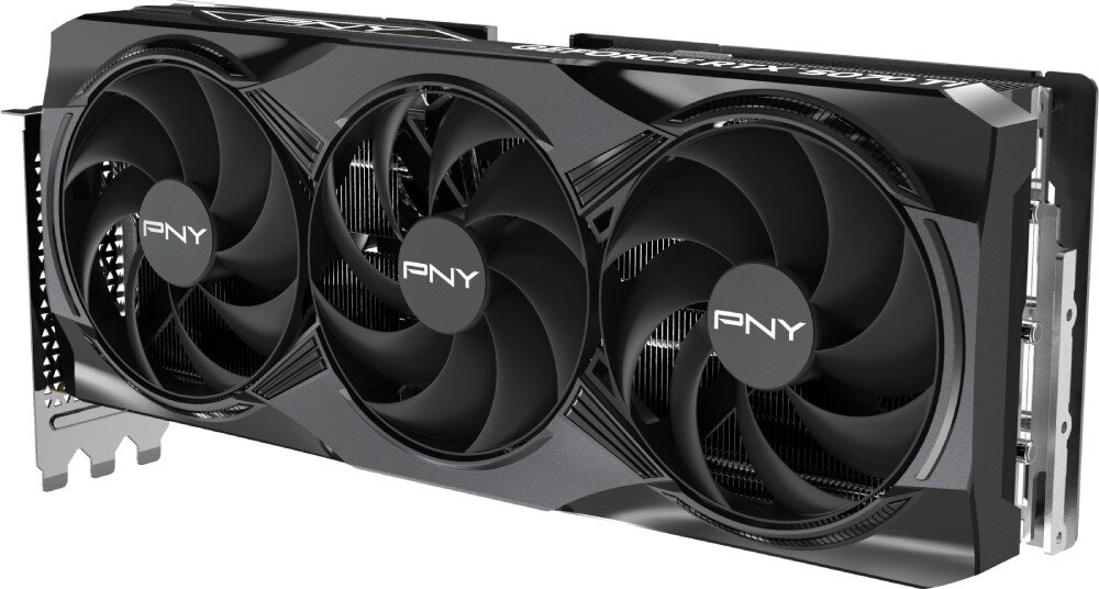 Karta graficzna PNY GeForce RTX 5070 Ti OC Triple Fan Plus 16GB Widok perspektywiczny karty graficznej z trzema wentylatorami, widoczna czarna obudowa i złoty slot PCIe