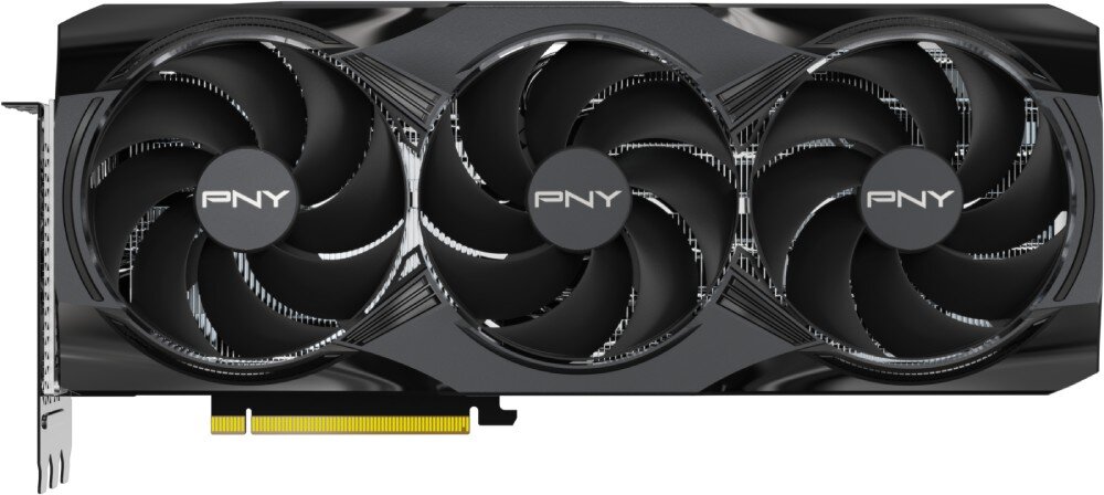 Karta graficzna PNY GeForce RTX 5070 Ti OC Triple Fan Plus 16GB Widok z góry karty graficznej z trzema czarnymi wentylatorami z logo PNY na środku każdego wentylatora