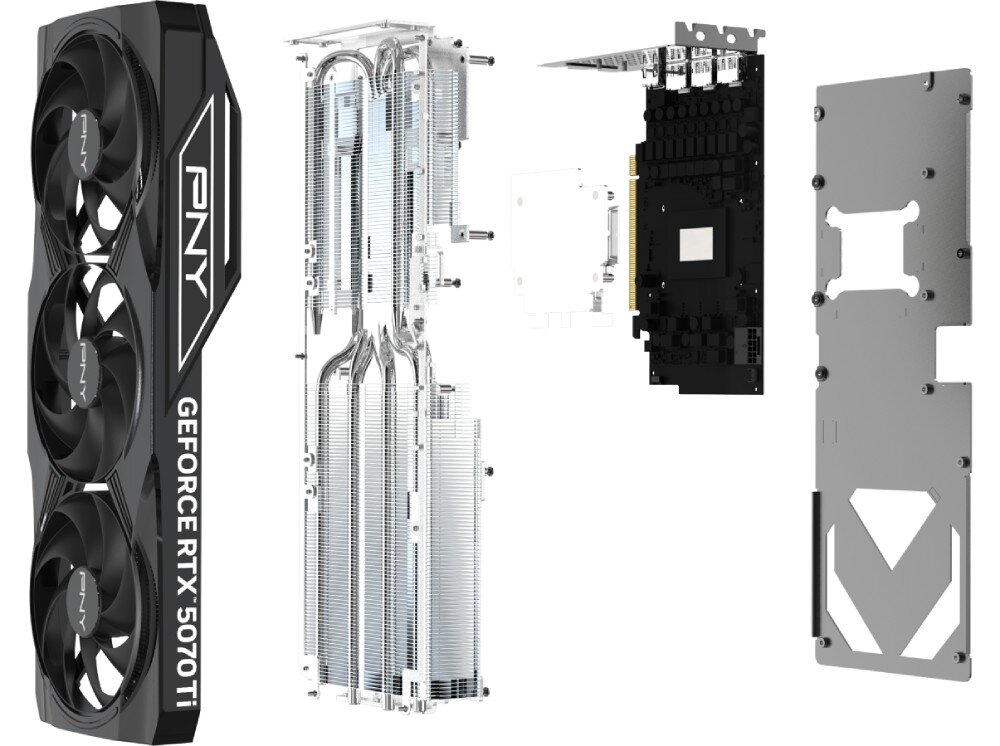 Karta graficzna PNY GeForce RTX 5070 Ti OC Triple Fan Plus 16GB Rozmontowane komponenty karty graficznej: obudowa z wentylatorami, system chłodzenia z radiatorami, płytka PCB i metalowa płyta montażowa