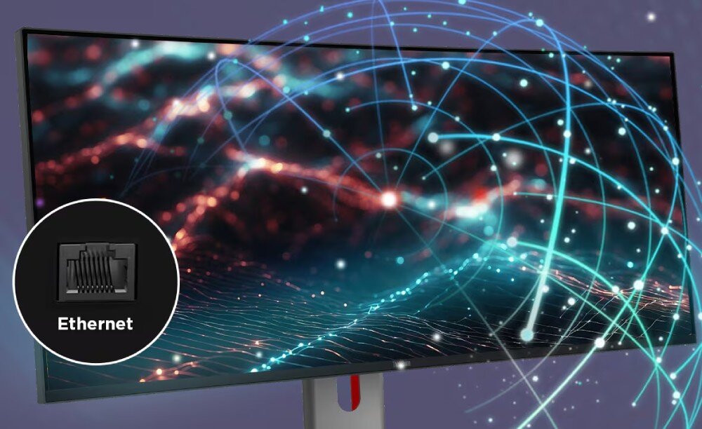 Monitor LENOVO ThinkVision P34WD-40 Szeroki monitor na ciemnym tle z nałożoną grafiką świecącej niebieskiej sieci połączeń, w dolnym lewym rogu umieszczono czarne koło z ikoną gniazda sieciowego i napisem 'Ethernet', funkcja KVM, porty USB-A