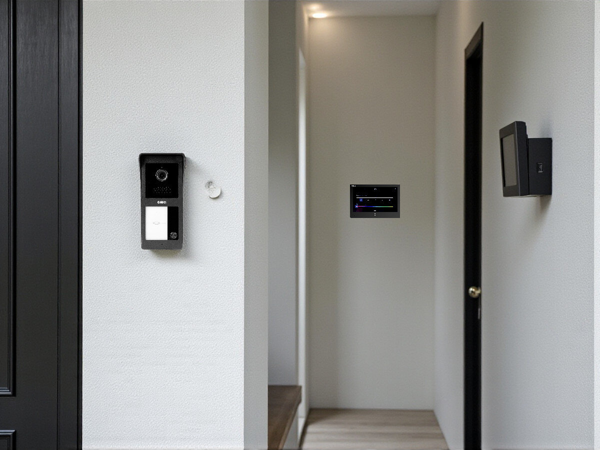 Wideodomofon EURA VDP-49A3-2TY Czarny, monitoring, ochrona, Bezpieczne, otwieranie, Wideodomofon EURA zamontowany na ścianie przy wejściu i monitor montowany wewnątrz.