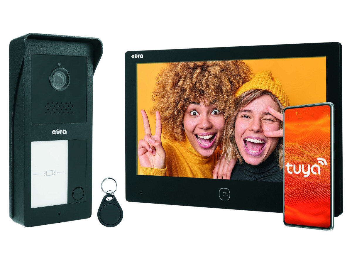 Wideodomofon EURA VDP-49A3-2TY Czarny, ekran, podgląd, nagranie, oświetlenie, Zestaw EURA VDP-49A3-2TY: stacja bramowa, monitor, brelok RFID, podgląd obrazu, aplikacja Tuya.