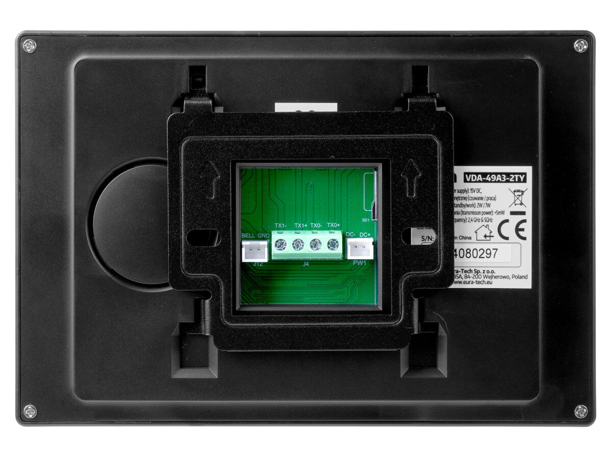 Wideodomofon EURA VDP-49A3-2TY Czarny, kamera, noc, wizytownik, RFID, Tył panelu monitora EURA VDA-49A3-2TY, widoczne złącza i opis techniczny.