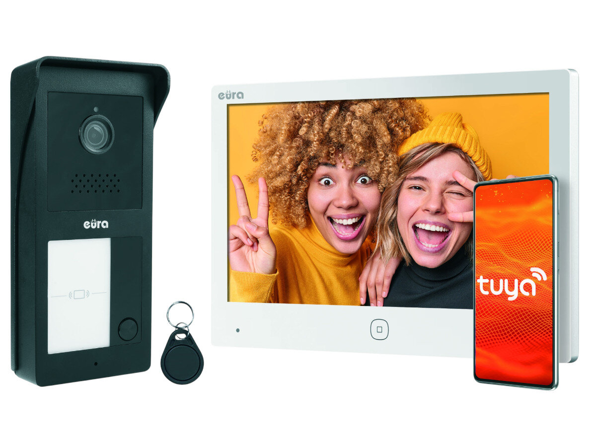 Wideodomofon EURA VDP-49A3-2TY Biały, ekran, podgląd, nagranie, oświetlenie, Zestaw EURA VDP-49A3-2TY: stacja bramowa, monitor, brelok RFID, podgląd obrazu, aplikacja Tuya.