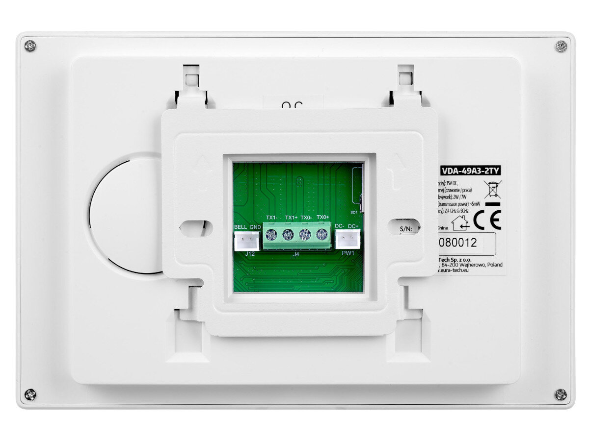 Wideodomofon EURA VDP-49A3-2TY Biały, kamera, noc, wizytownik, RFID, Tył panelu monitora EURA VDA-49A3-2TY, widoczne złącza i opis techniczny.