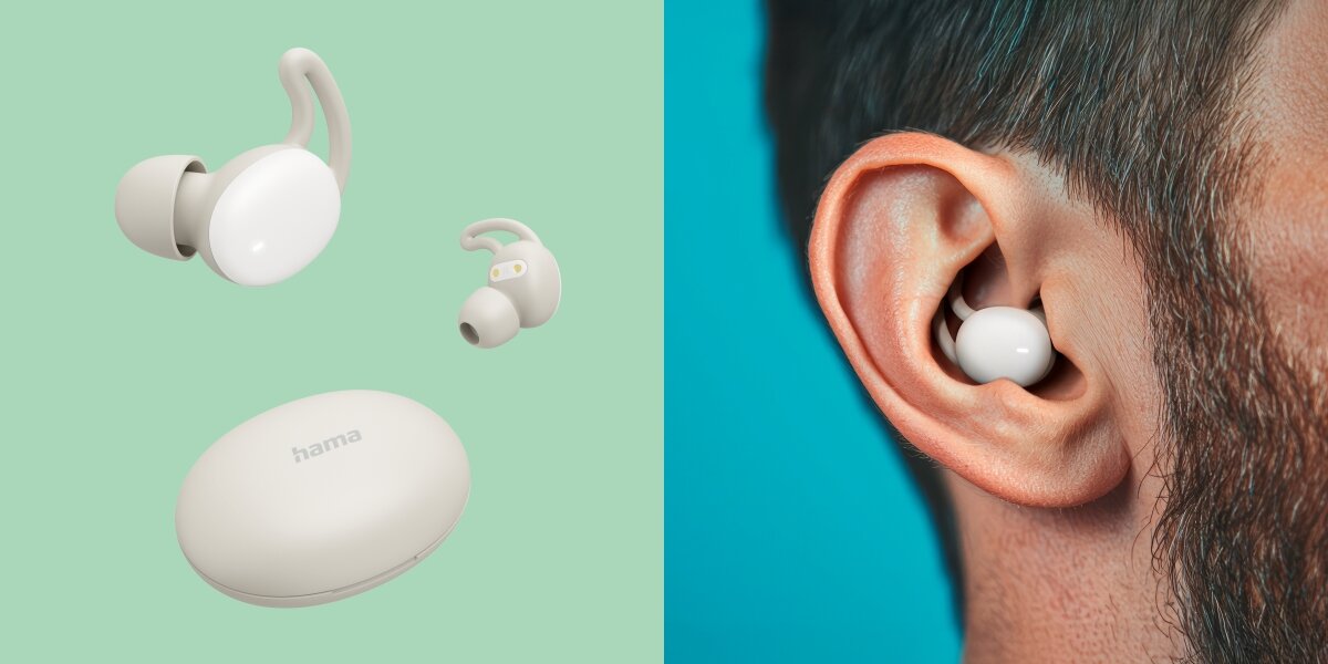 Wsparcie asystentów głosowych, Siri, Google Assistant, kadr na ucho z włożoną słuchawką