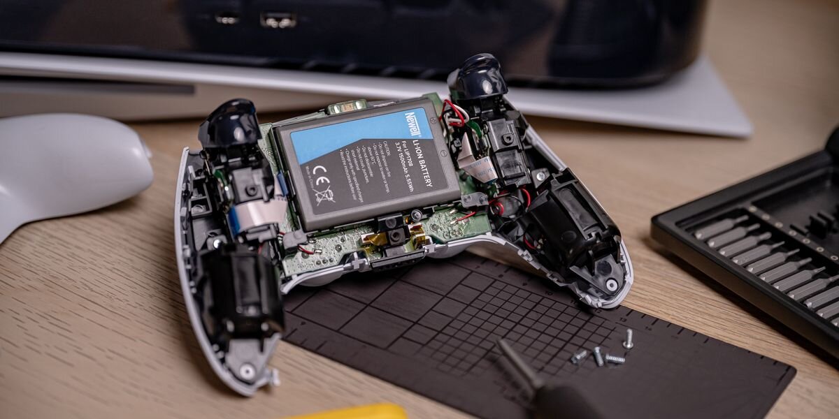 Akumulator NEWELL 1500 mAh LIP1708 do kontrolera DualSense Sony PlayStation 5, Nowa szara bateria Newell zamontowana wewnątrz otwartej obudowy białego kontrolera na czarnej macie z miarką, 1500mAh, haptyczny, trigger, litowo-jonowy