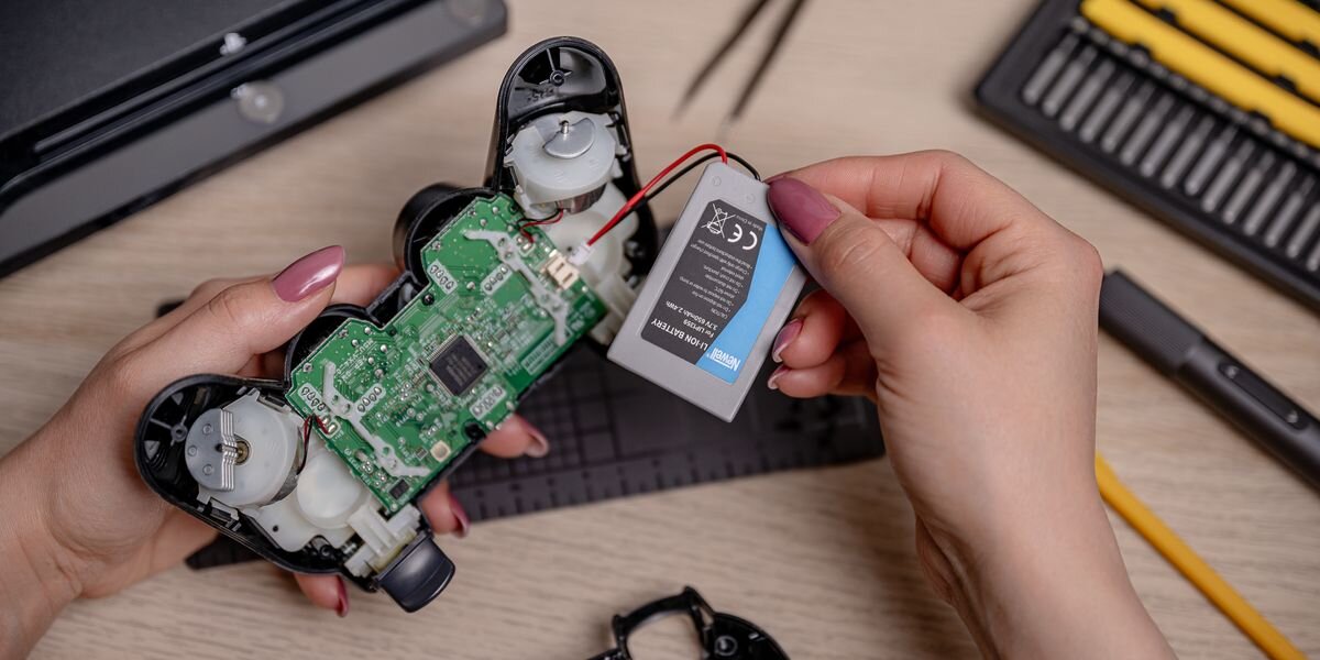 Akumulator NEWELL 650 mAh LIP1359 do kontrolera DualShock 3 Sony PlayStation 3, Dłonie wpinające wtyczkę szarego akumulatora Newell do płyty głównej wewnątrz rozkręconego kontrolera, 650mAh, bezpamięciowy, doładowywanie, sesja