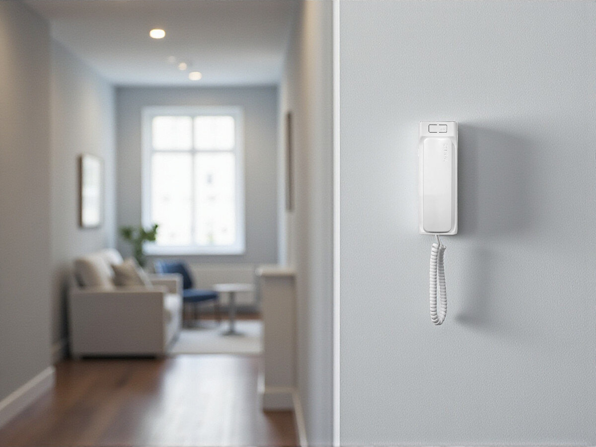 Unifon CYFRAL Baltic 2P Biały, słuchawka, odbieranie, kontakt, głos, Unifon Cyfral Baltic 2P biały zamontowany na ścianie, widoczne przyłącze przewodu spiralnego.