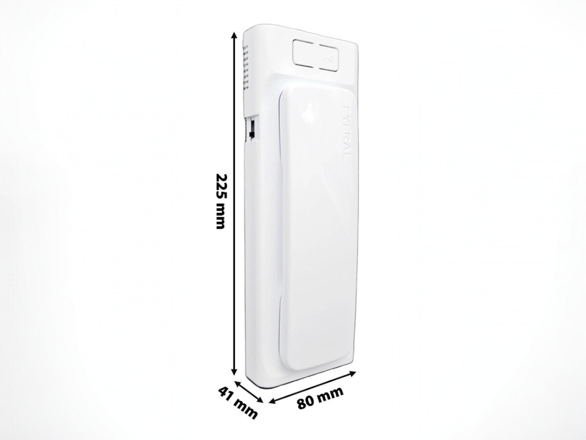 Unifon CYFRAL Baltic 2P Biały, zestaw, montaż, słuchawka, przewody, Unifon Cyfral Baltic 2P na białym tle – przedstawione wymiary urządzenia: 225x805x80x41 mm.