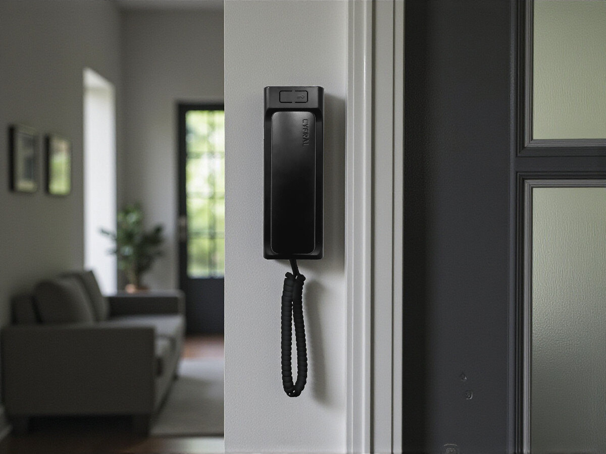 Unifon CYFRAL Baltic Czarny, kontakt, kontrola, bezpieczeństwo, komunikacja, Unifon CYFRAL Baltic Czarny na ścianie w strefie wejściowej domu, sypialnia i roślina w tle.