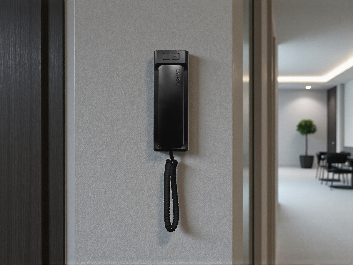 Unifon CYFRAL Baltic Czarny, uniwersalność, instalacja, magnes, klawisze, Unifon CYFRAL Baltic Czarny zamontowany w korytarzu apartamentowca, nowoczesne wnętrze.