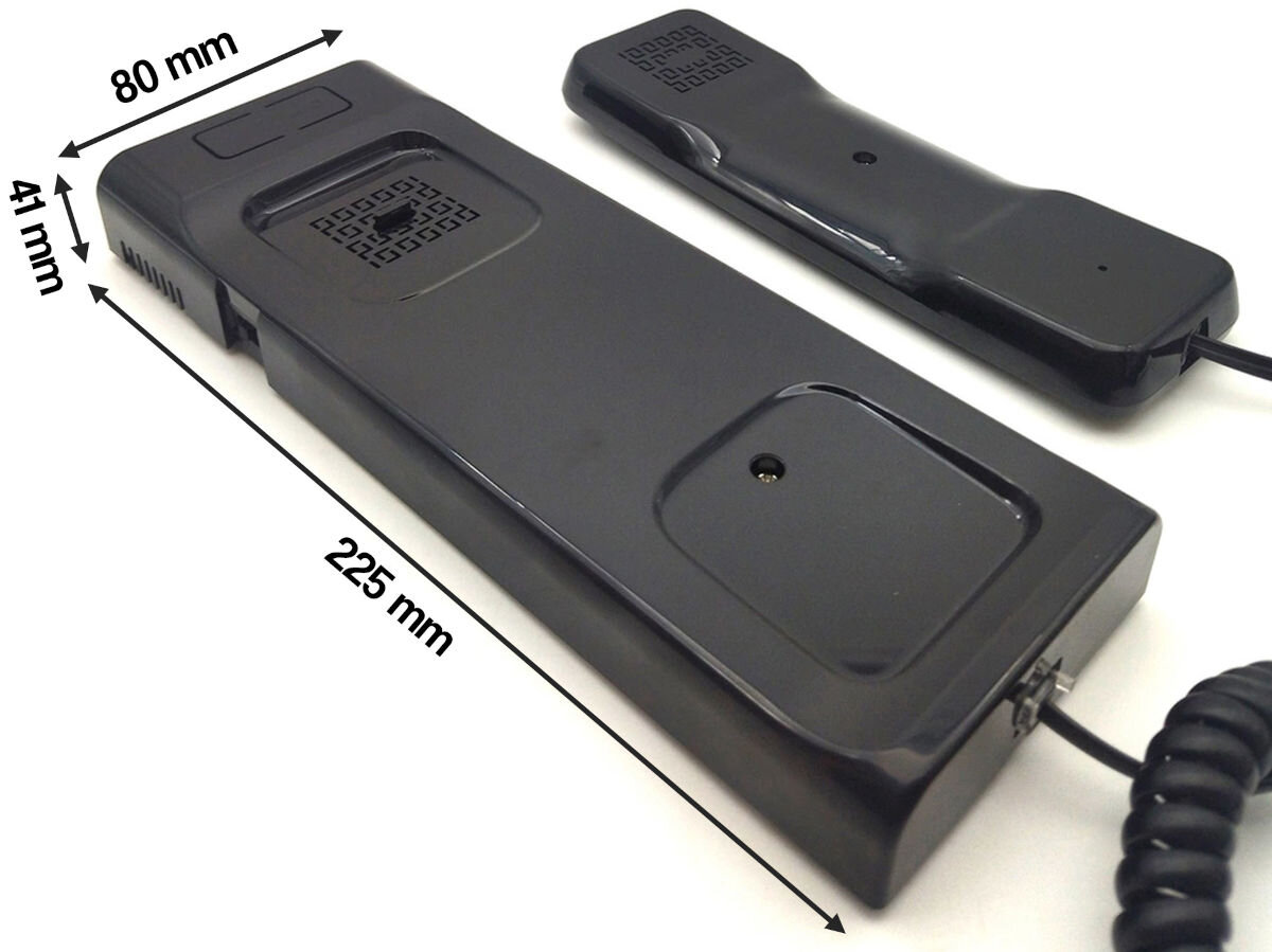 Unifon CYFRAL Baltic Czarny, rozmiar, zestaw, montaż, przewód, Widok spodu i góry słuchawki CYFRAL Baltic Czarny, oznaczone wymiary: 225 x 80 x 41 mm.