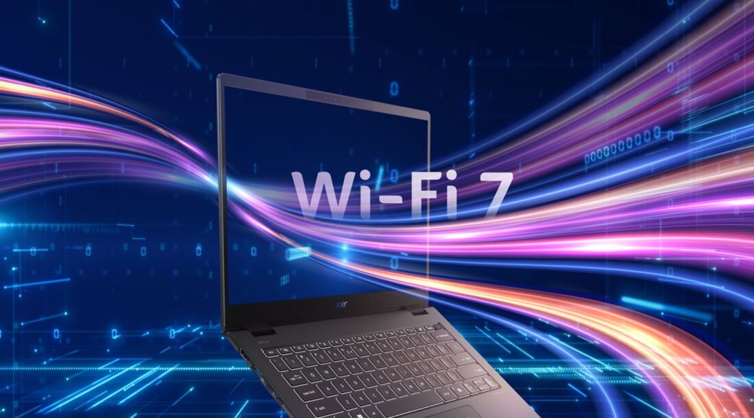 Laptop biznesowy Acer TravelMate z podświetloną klawiaturą napis Wi-Fi 7 kolorowe różowe niebieskie pomarańczowe smugi światła symbolizujące szybki transfer danych na ciemnym niebieskim tle z cyfrowym kodem binarnym - Wi-Fi 7 Niskie opóźnienia 