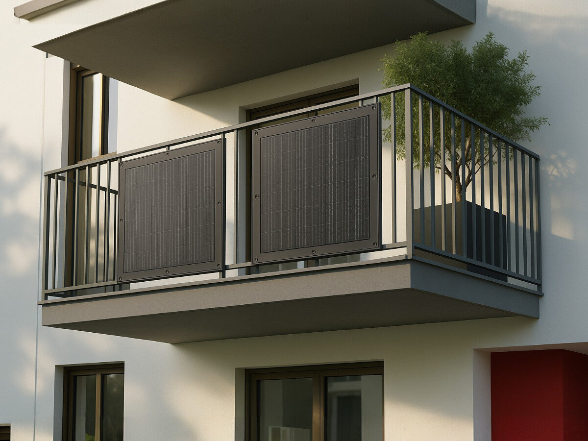 Panel fotowoltaiczny Sunman SMF200J 200W, energia, słońce, zasilanie, ekologia, Panel Sunman SMF200J zamontowany na balustradzie balkonu, obok rośliny, gotowy do użytkowania.