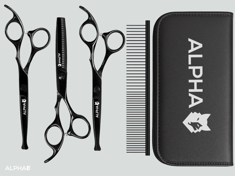 Zestaw do pielęgnacji sierści ALPHA DG-01 5 elementów Kompletny zestaw wygodnie przycinać, modelować i stylizować sierść prosta, szybka i bezpieczna nożyczki klasyczne, zakrzywione, degażówki oraz metalowy grzebień