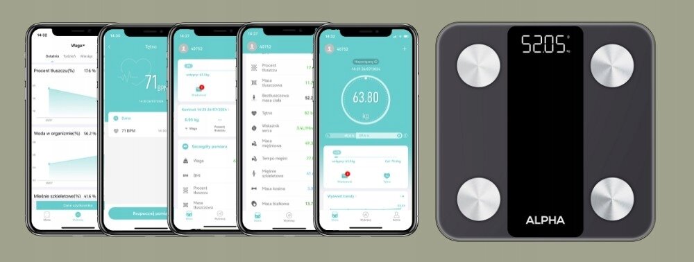 Waga łazienkowa ALPHA Smart Scale 3 Czarny aplikacja FitDays, do 21 parametrów, śledzenie nawodnienia, poziomu tłuszczu, masy mięśni, integracja z android i ios