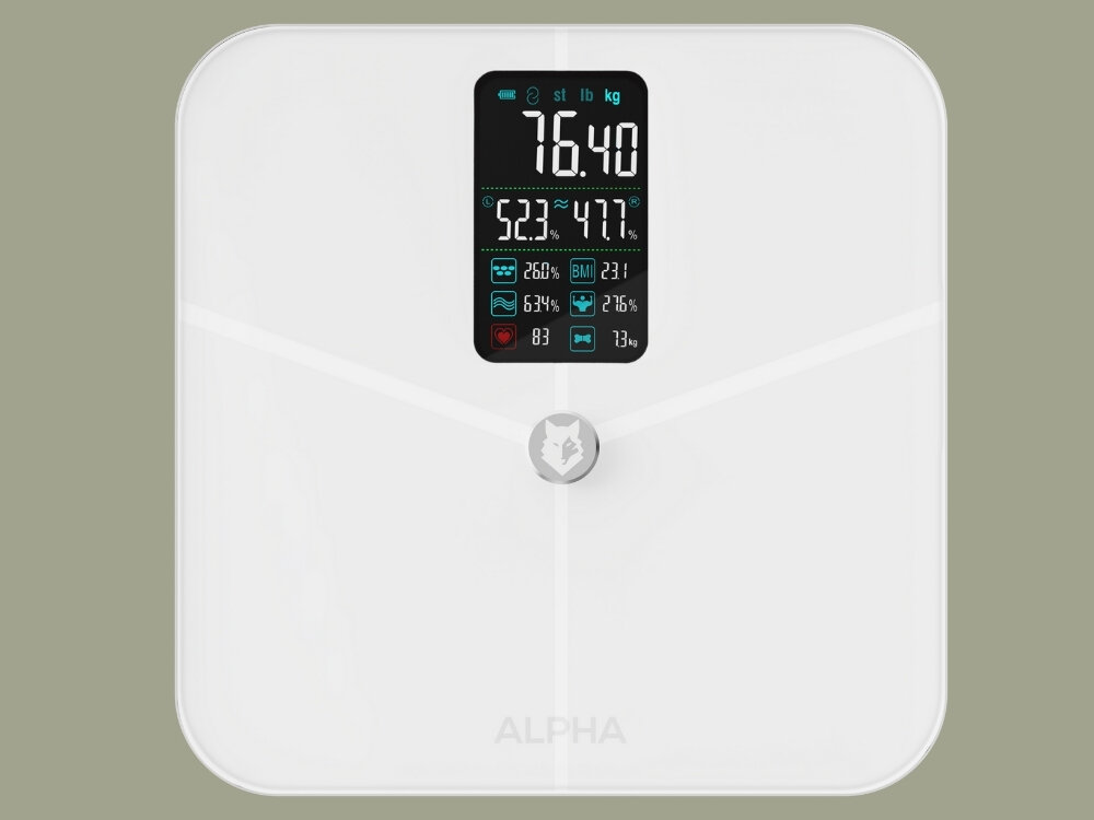 Waga łazienkowa ALPHA Smart Pro 2 technologia BIA, szklana platforma, dokładność około 50g