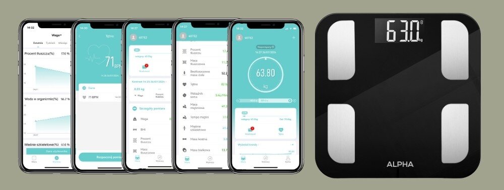 Waga łazienkowa ALPHA Smart Scale 2 szybki pomiar masy ciała, szczegółowa analiza, sensory BIA, dbanie o kondycję
