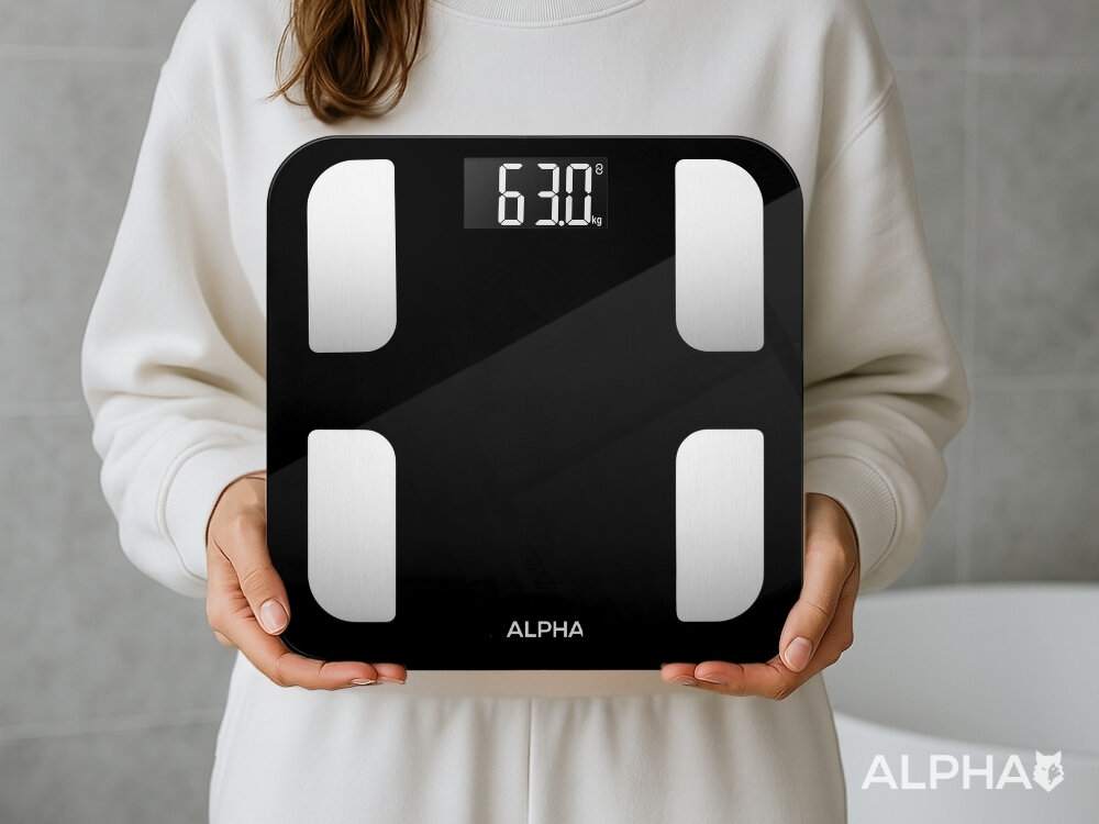 Waga łazienkowa ALPHA Smart Scale 2 automatyczne uruchomienie po wejściu, szybkie i precyzyjne pomiary, szkło hartowane, antypoślizgowe stopki, większe bezpieczeństwo