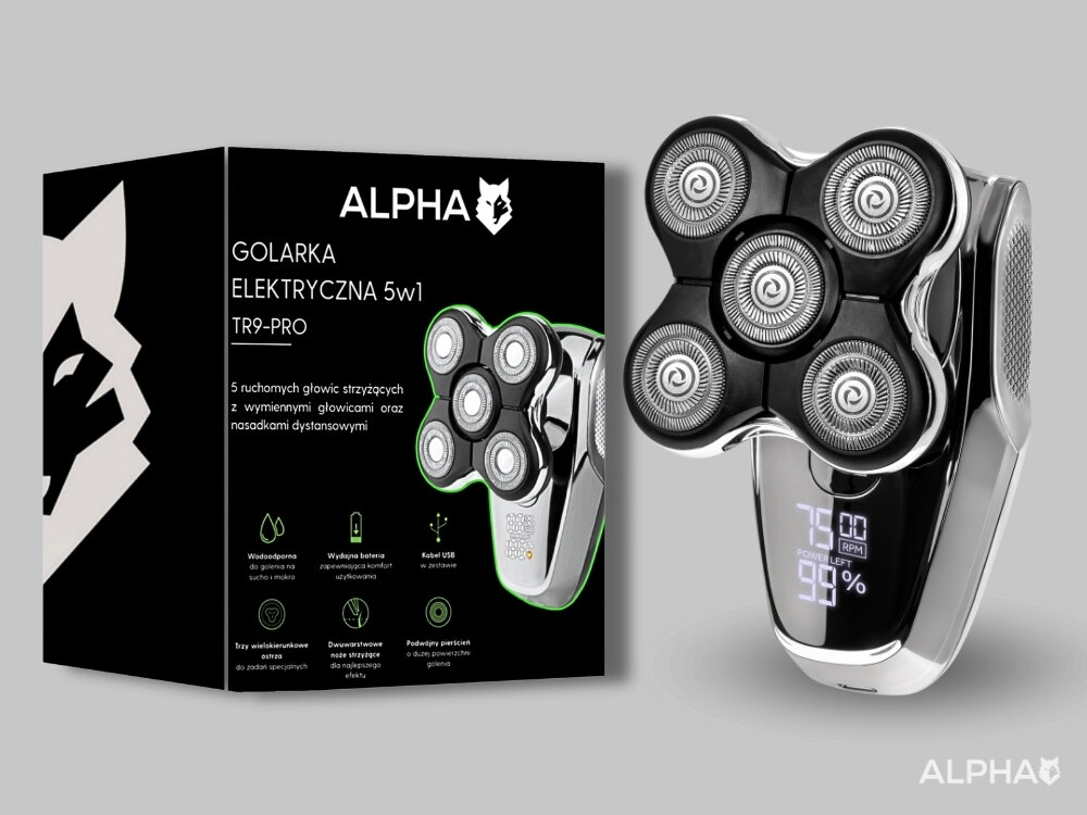 Golarka ALPHA TR9-Pro Na mokro i sucho szczoteczka do czyszczenia, końcówka masująca, usuwanie zanieczyszczeń, poprawa mikrokrążenia, uczucie świeżości