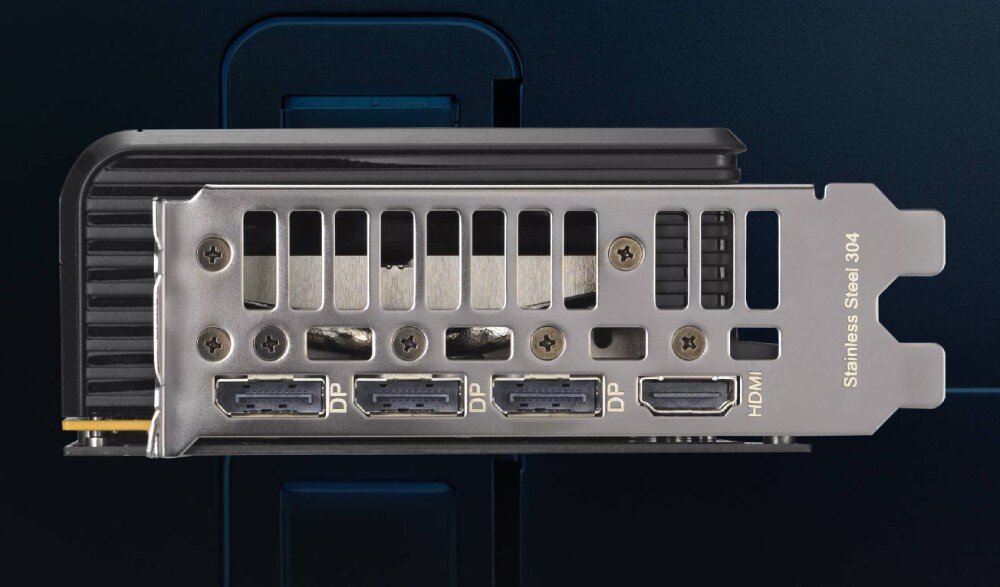 ASUS Prime GeForce RTX 5060 OC Edition 8GB Panel wyjść wideo karty graficznej z trzema portami DisplayPort oraz jednym portem HDMI, widoczne złącze PCIe i wentylacyjne otwory na metalowej obudowie