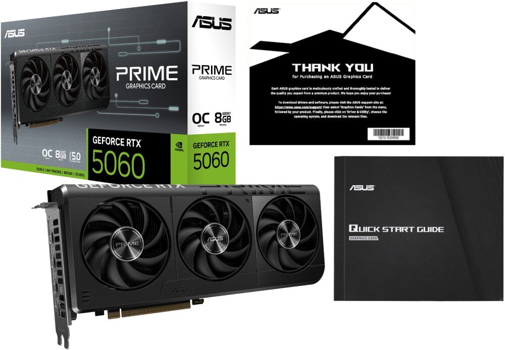 ASUS Prime GeForce RTX 5060 OC Edition 8GB Pudełko karty graficznej z wizerunkiem produktu, logo ASUS Prime oraz oznaczeniami GeForce RTX 5060 OC 8GB, obok instrukcja Quick Start Guide i karta podziękowania
