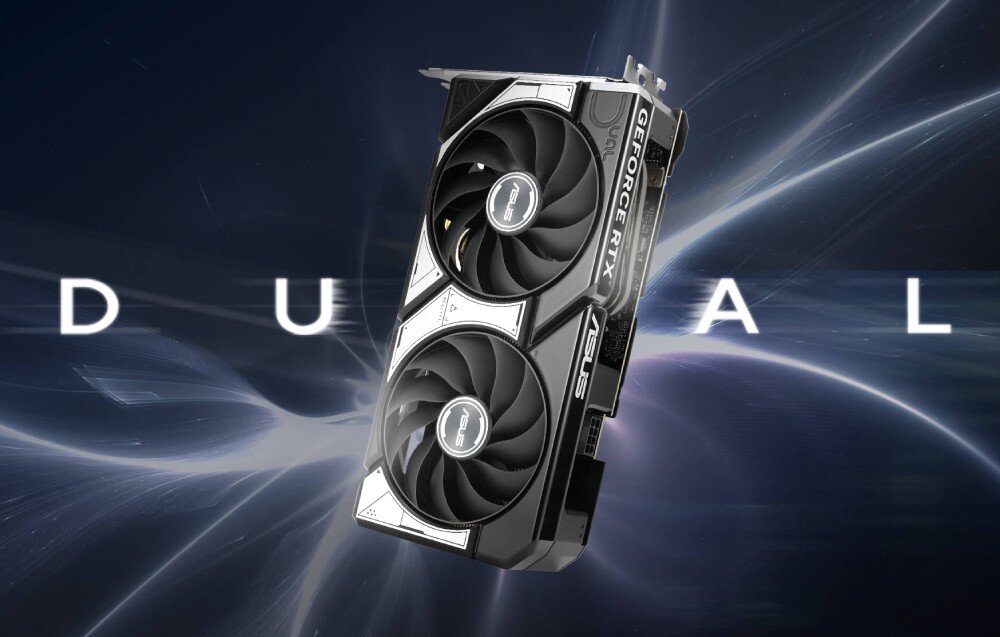 Karta graficzna ASUS Dual GeForce RTX 5060 OC Edition 8GB Przedni widok karty z dwoma wentylatorami Axial-tech, osłoną w biało-czarnej kolorystyce i logiem ASUS