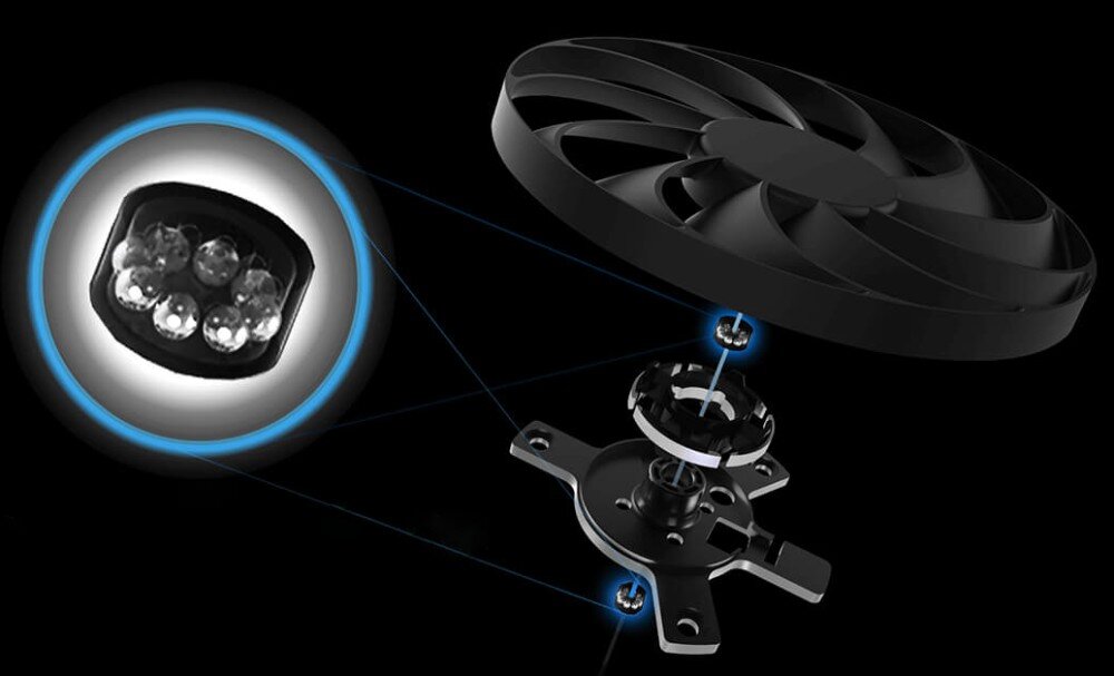 Karta graficzna ASUS Dual GeForce RTX 5060 OC Edition 8GB Schemat rozłożony przedstawiający budowę wentylatorów z podwójnymi łożyskami kulkowymi i małą piastą