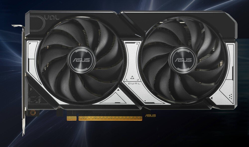 Karta graficzna ASUS Dual GeForce RTX 5060 OC Edition 8GB Karta graficzna ASUS Dual na jasnym tle z charakterystycznymi srebrnymi elementami obudowy i dwoma czarnymi wentylatorami