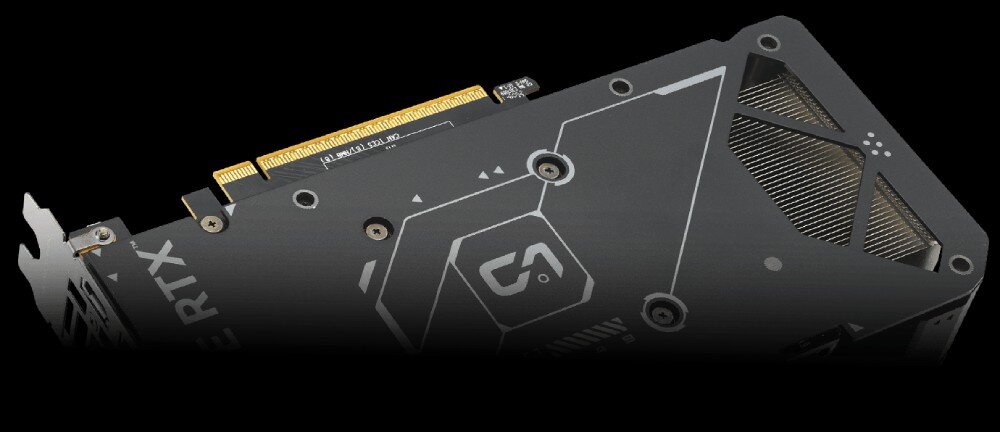 Karta graficzna ASUS Dual GeForce RTX 5060 OC Edition 8GB Tylna część karty graficznej z widocznym backplate'em z wentylacją, złączem PCIe oraz grafiką producenta na czarnym tle