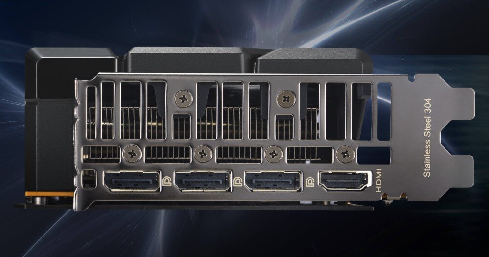 Karta graficzna ASUS Dual GeForce RTX 5060 OC Edition 8GB Panel portów wideo z trzema złączami DisplayPort i jednym HDMI na wspornniku ze stali nierdzewnej 304