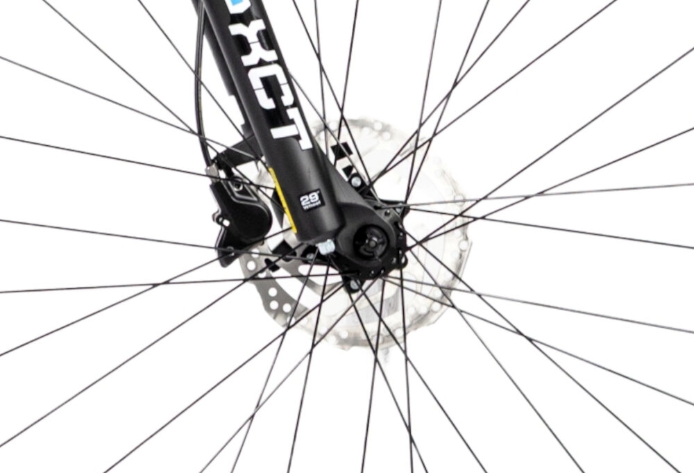 Rower górski MTB INDIANA X-Pulser 3.9 M21 29 cali męski Granatowo-srebrny zbliżenie na tylny hamulec podstawa bezpieczeństwa hamulce tarczowe hydrauliczne duża siła hamowania sprawdzają się w każdych warunkach pogodowych i na każdej trasie płyn hamulcowy hamulce z przodu i z tyłu podwójny pakiet bezpieczeństwa