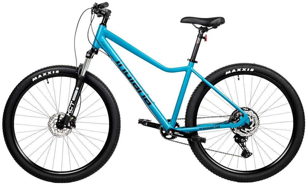 Rower górski MTB INDIANA X-Pulser 3.9 D18 29 cali damski Niebiesko-czarny rower na białym tle widoczny z boku specjalne gwinty możliwość przymocowania uchwytu na bidon odblaski dobrze widoczny na drodze bezpieczna jazda