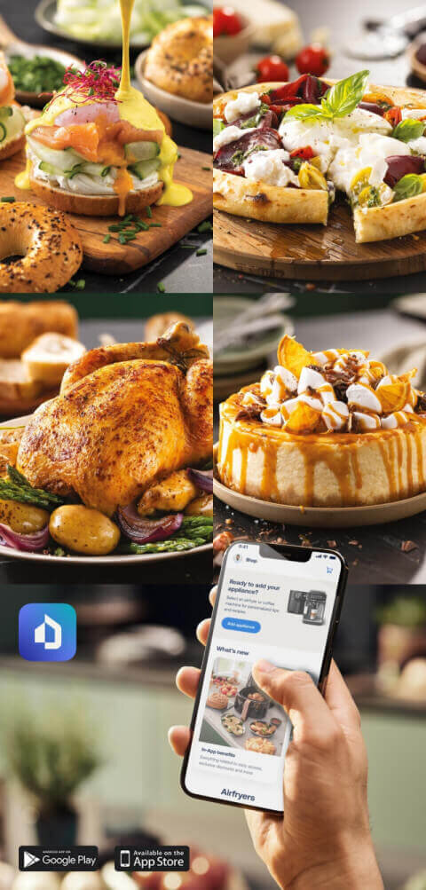 Obraz przedstawia różnorodne potrawy, w tym kanapki, pizzę, pieczonego kurczaka i deser z karmelem. Na dole widoczna jest dłoń trzymająca smartfon z aplikacją kulinarną oraz ikony Google Play i App Store.